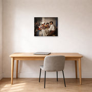 Unframed poster print of Carl Bloch's In a Roman Osteria displayed on a wall in a office