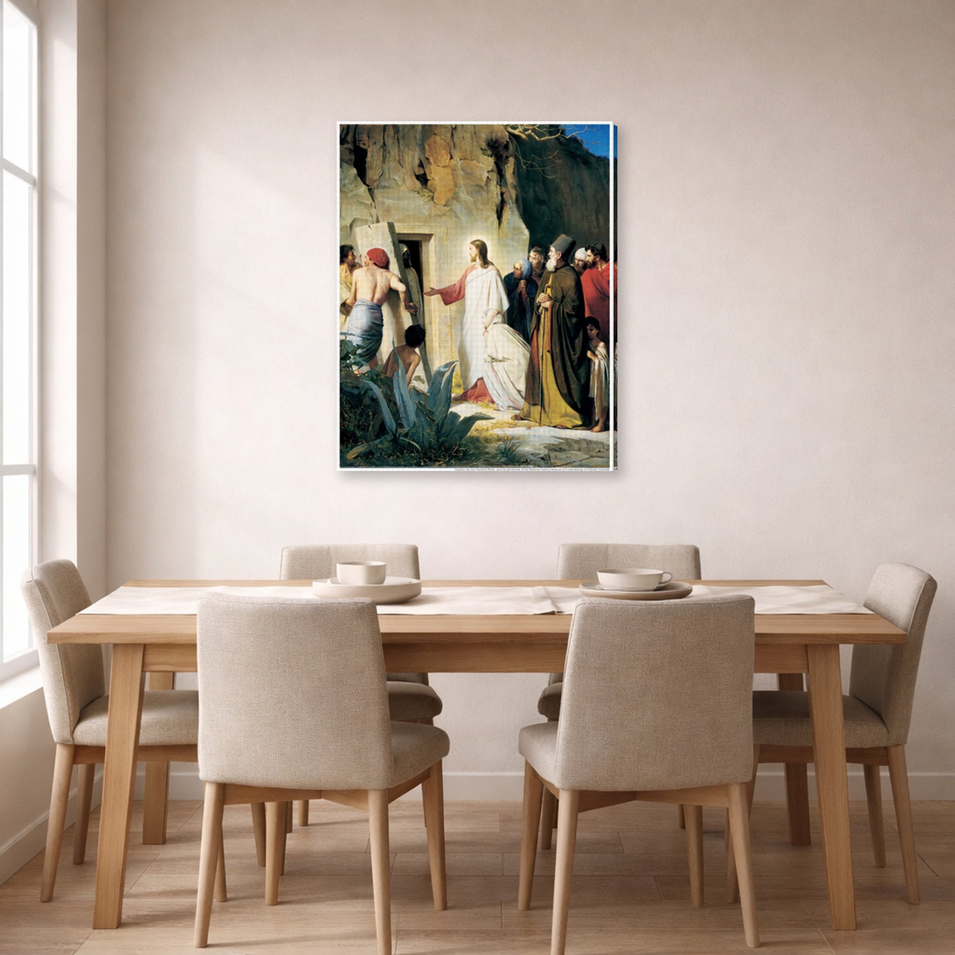 Gallery-wrapped canvas print of Carl Bloch's Jesus Raised Lazerus From Death displayed on a wall in a dining room