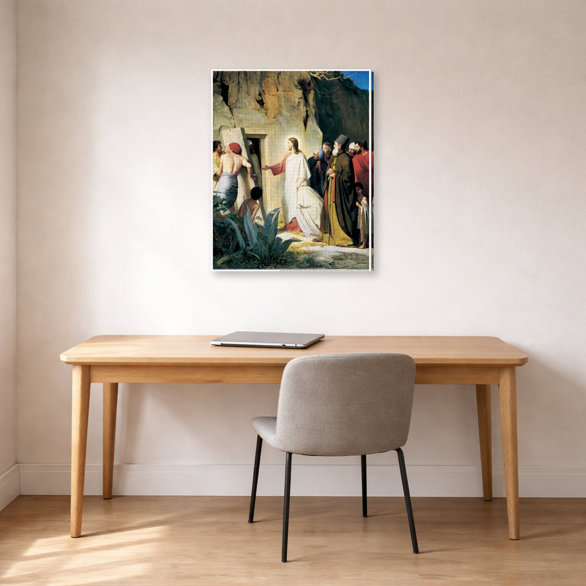 Gallery-wrapped canvas print of Carl Bloch's Jesus Raised Lazerus From Death displayed on a wall in a office