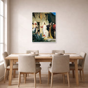 Unframed poster print of Carl Bloch's Jesus Raised Lazerus From Death displayed on a wall in a dining room