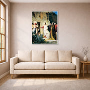 Unframed poster print of Carl Bloch's Jesus Raised Lazerus From Death displayed on a wall in a living room
