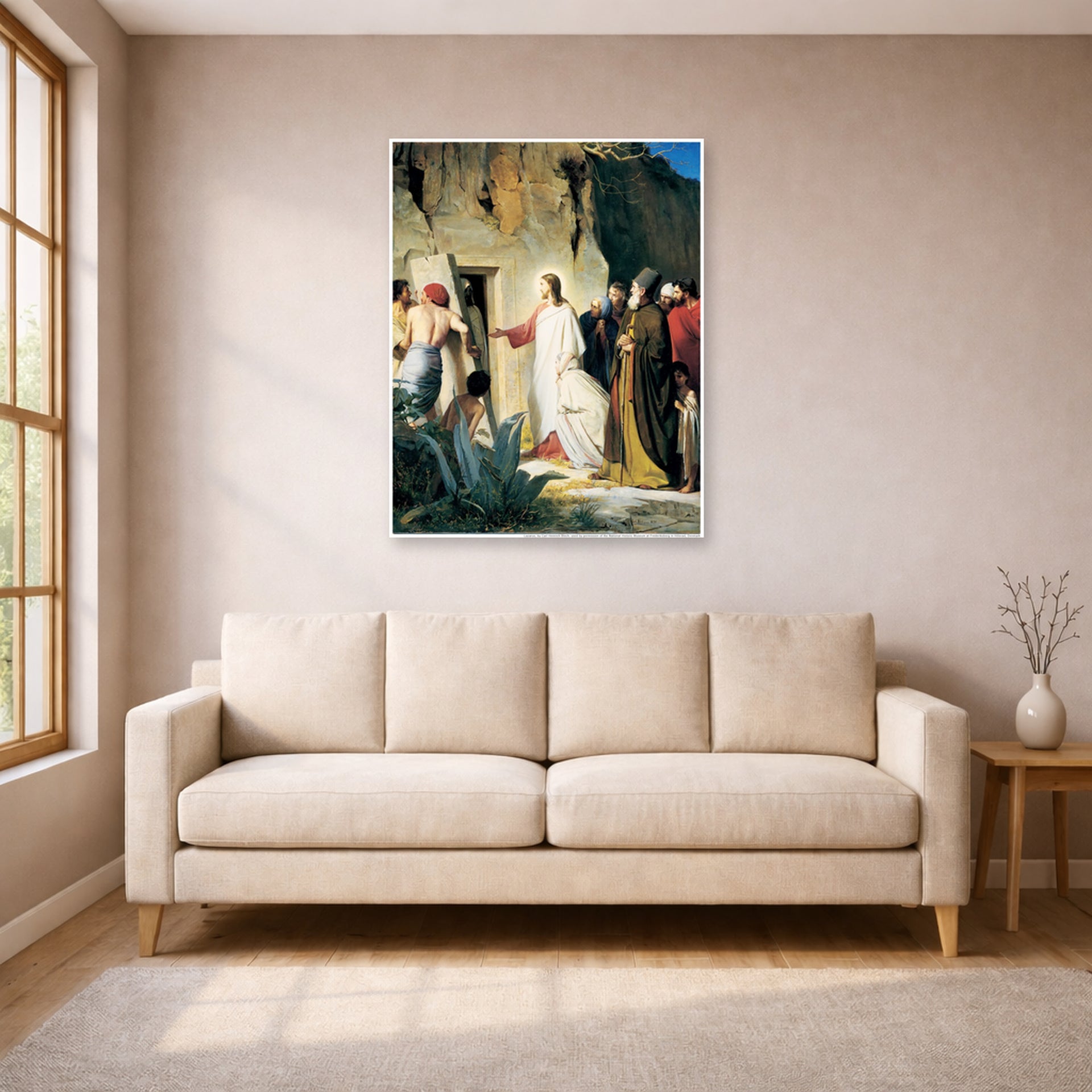 Unframed poster print of Carl Bloch's Jesus Raised Lazerus From Death displayed on a wall in a living room