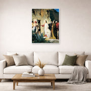 Unframed poster print of Carl Bloch's Jesus Raised Lazerus From Death displayed on a wall in a living room