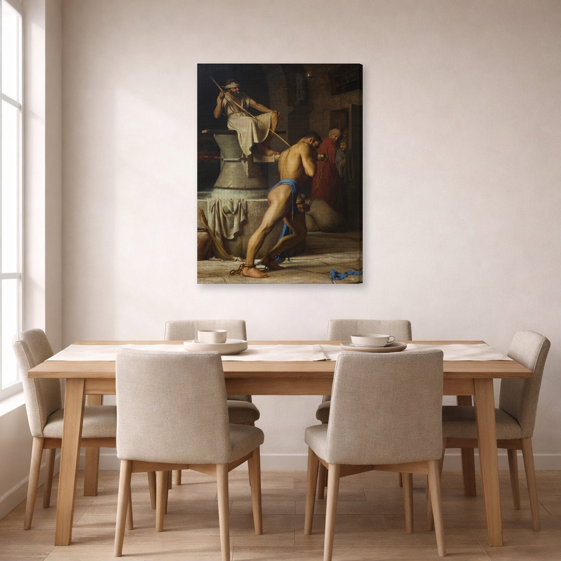 Gallery-wrapped canvas print of Carl Bloch's Samson and the Philistines displayed on a wall in a dining room