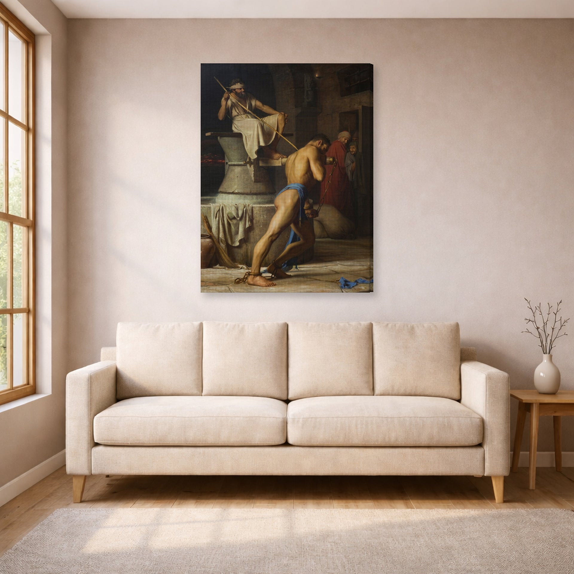 Gallery-wrapped canvas print of Carl Bloch's Samson and the Philistines displayed on a wall in a living room