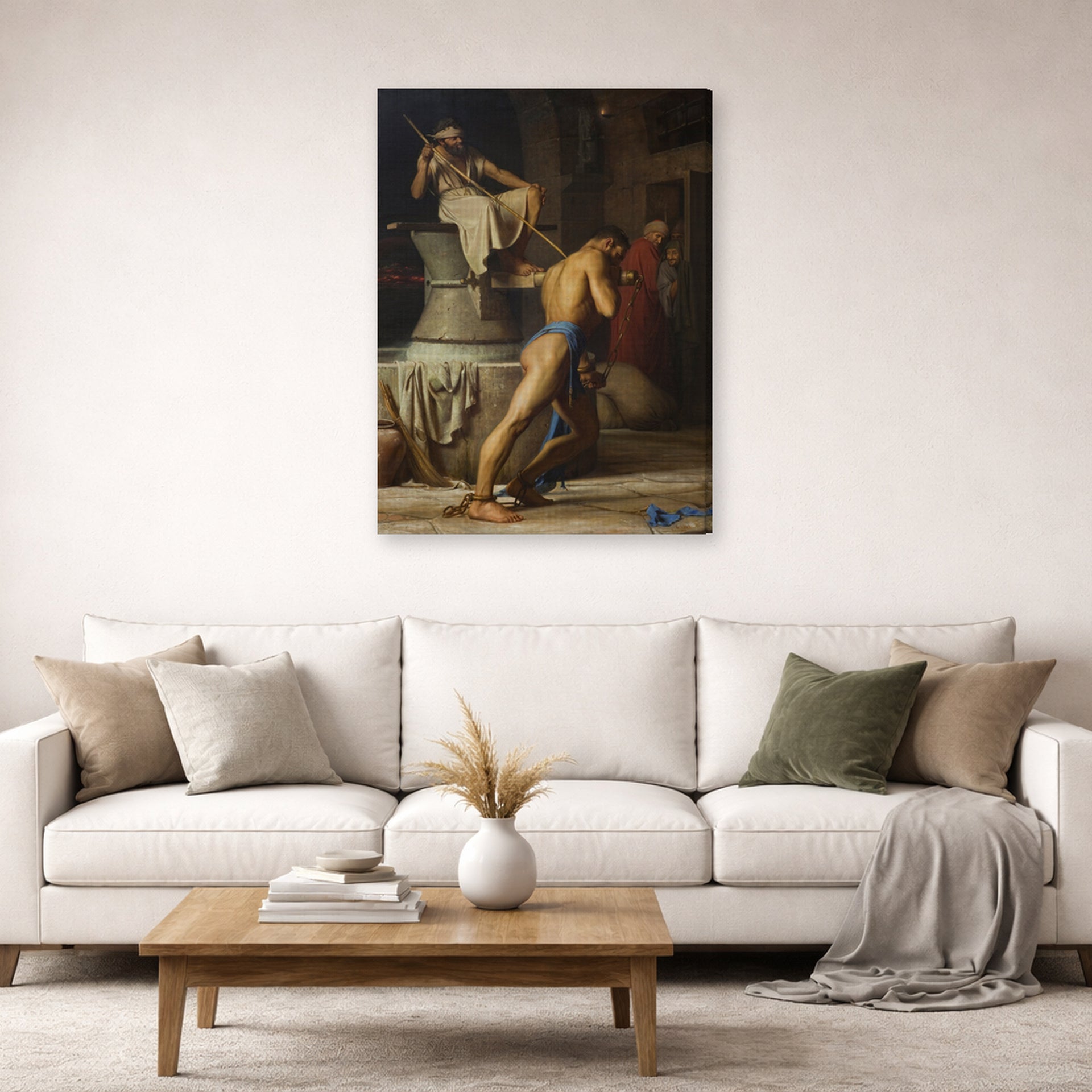 Gallery-wrapped canvas print of Carl Bloch's Samson and the Philistines displayed on a wall in a living room