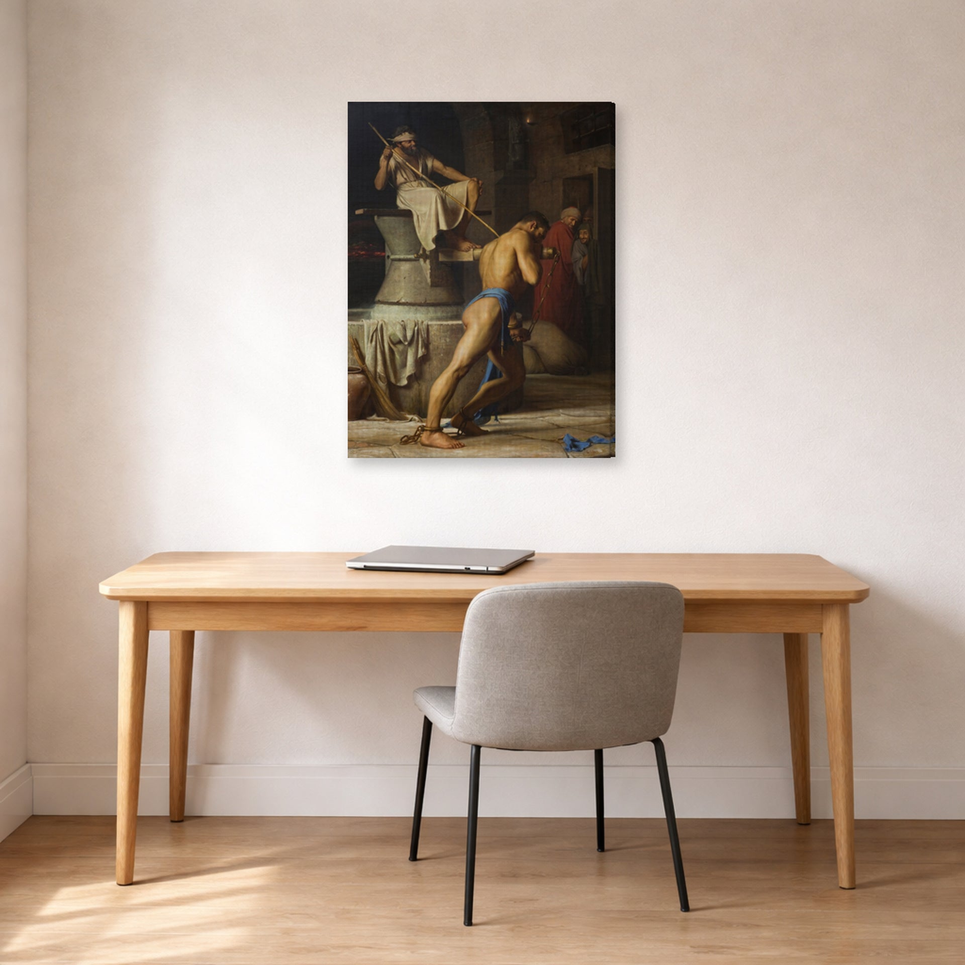 Gallery-wrapped canvas print of Carl Bloch's Samson and the Philistines displayed on a wall in a office