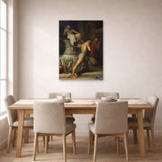 Unframed poster print of Carl Bloch's Samson and the Philistines displayed on a wall in a dining room