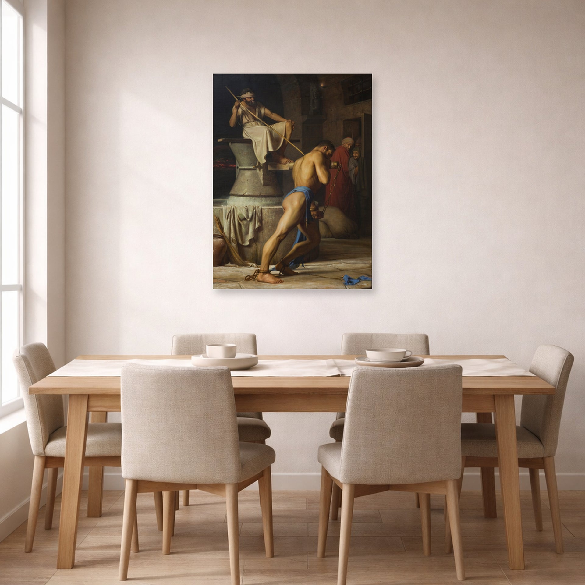 Unframed poster print of Carl Bloch's Samson and the Philistines displayed on a wall in a dining room