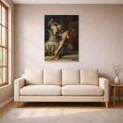 Unframed poster print of Carl Bloch's Samson and the Philistines displayed on a wall in a living room