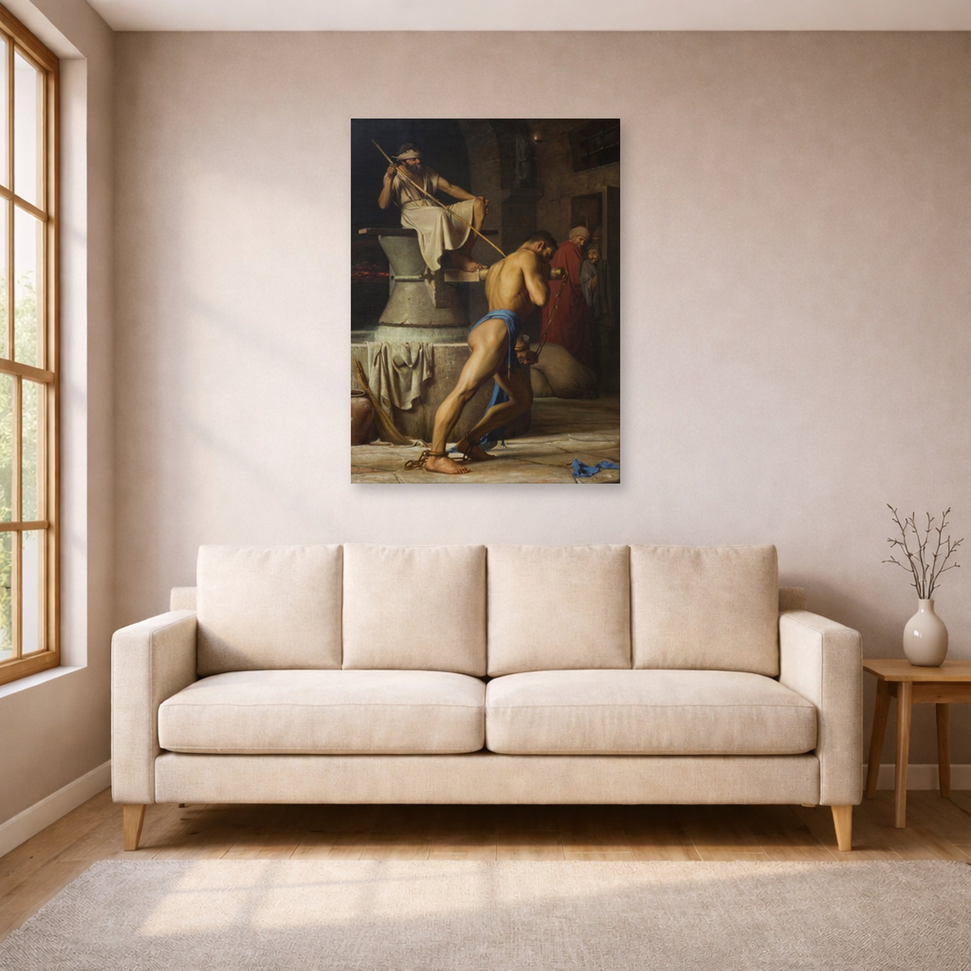 Unframed poster print of Carl Bloch's Samson and the Philistines displayed on a wall in a living room
