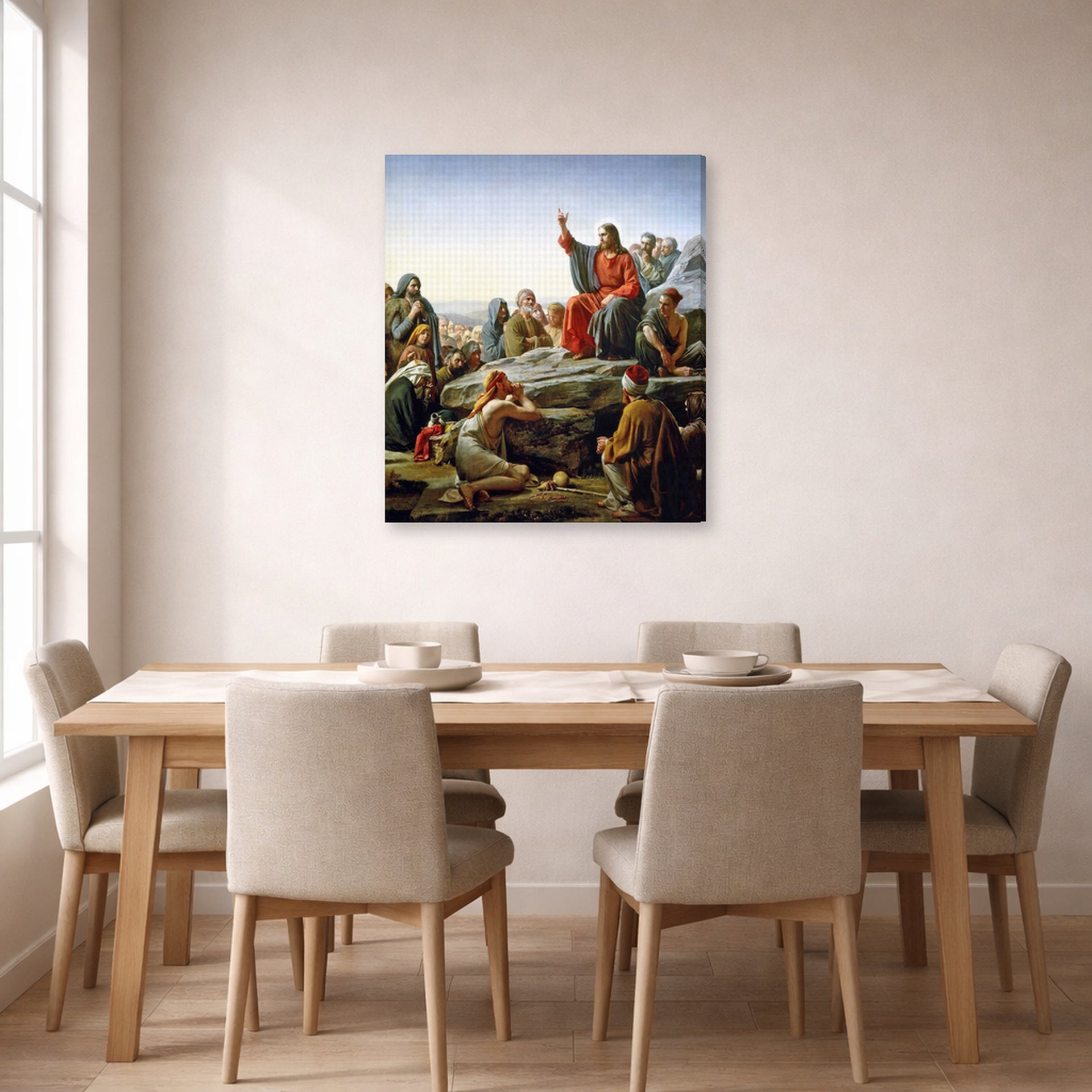Gallery-wrapped canvas print of Carl Bloch's Sermon on the Mount displayed on a wall in a dining room