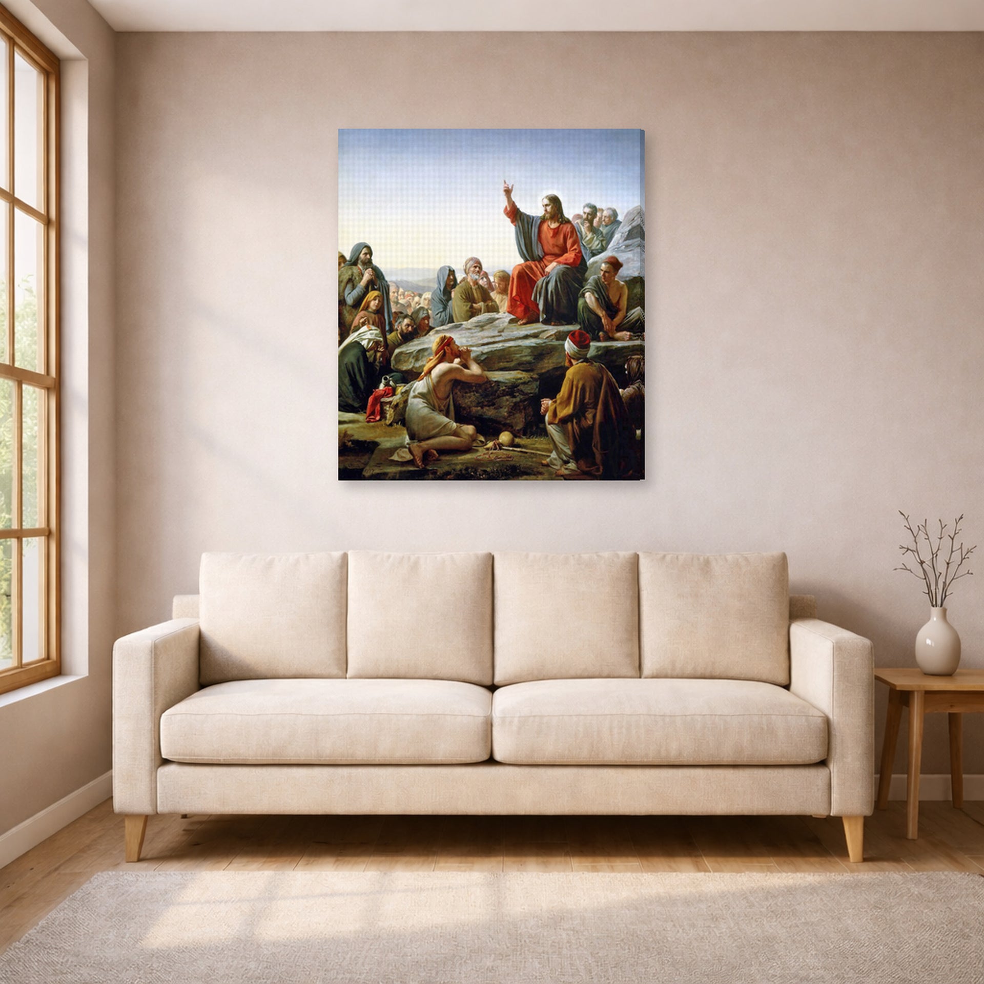 Gallery-wrapped canvas print of Carl Bloch's Sermon on the Mount displayed on a wall in a living room