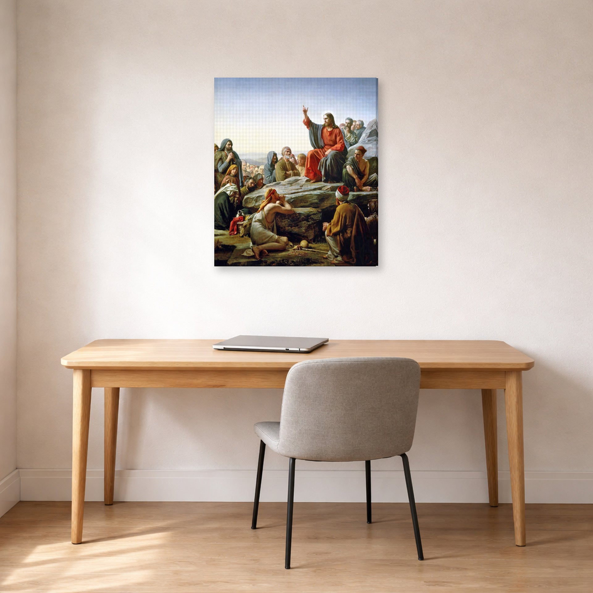 Gallery-wrapped canvas print of Carl Bloch's Sermon on the Mount displayed on a wall in a office