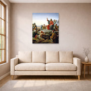 Unframed poster print of Carl Bloch's Sermon on the Mount displayed on a wall in a living room