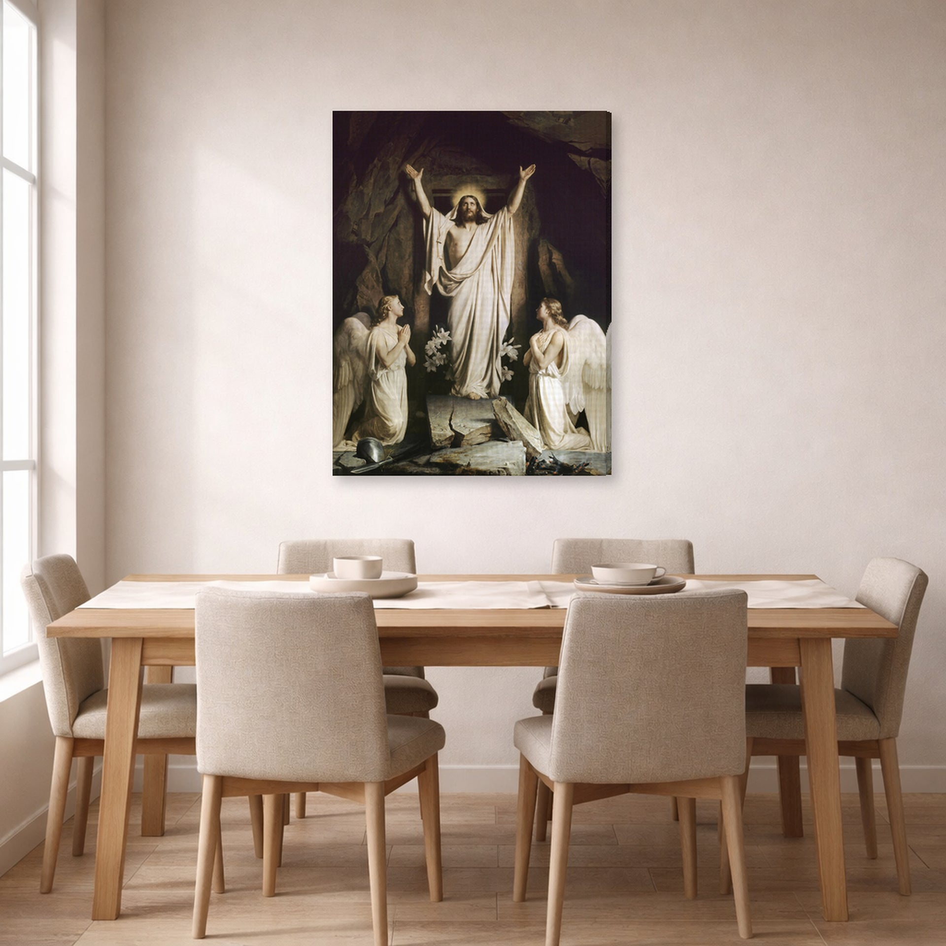 Gallery-wrapped canvas print of Carl Bloch's The Resurrection displayed on a wall in a dining room