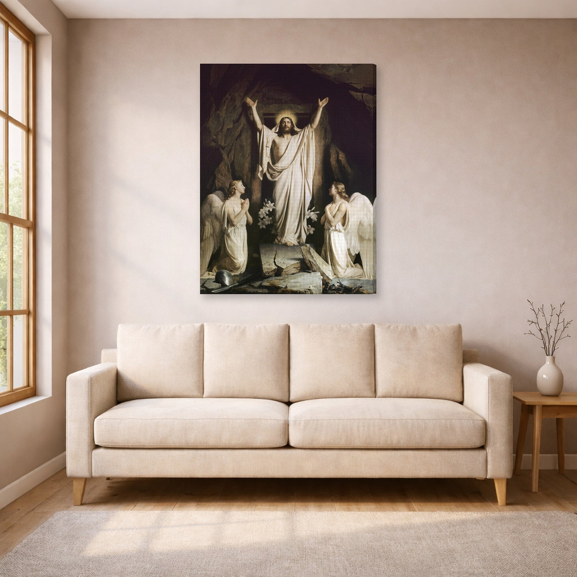 Gallery-wrapped canvas print of Carl Bloch's The Resurrection displayed on a wall in a living room