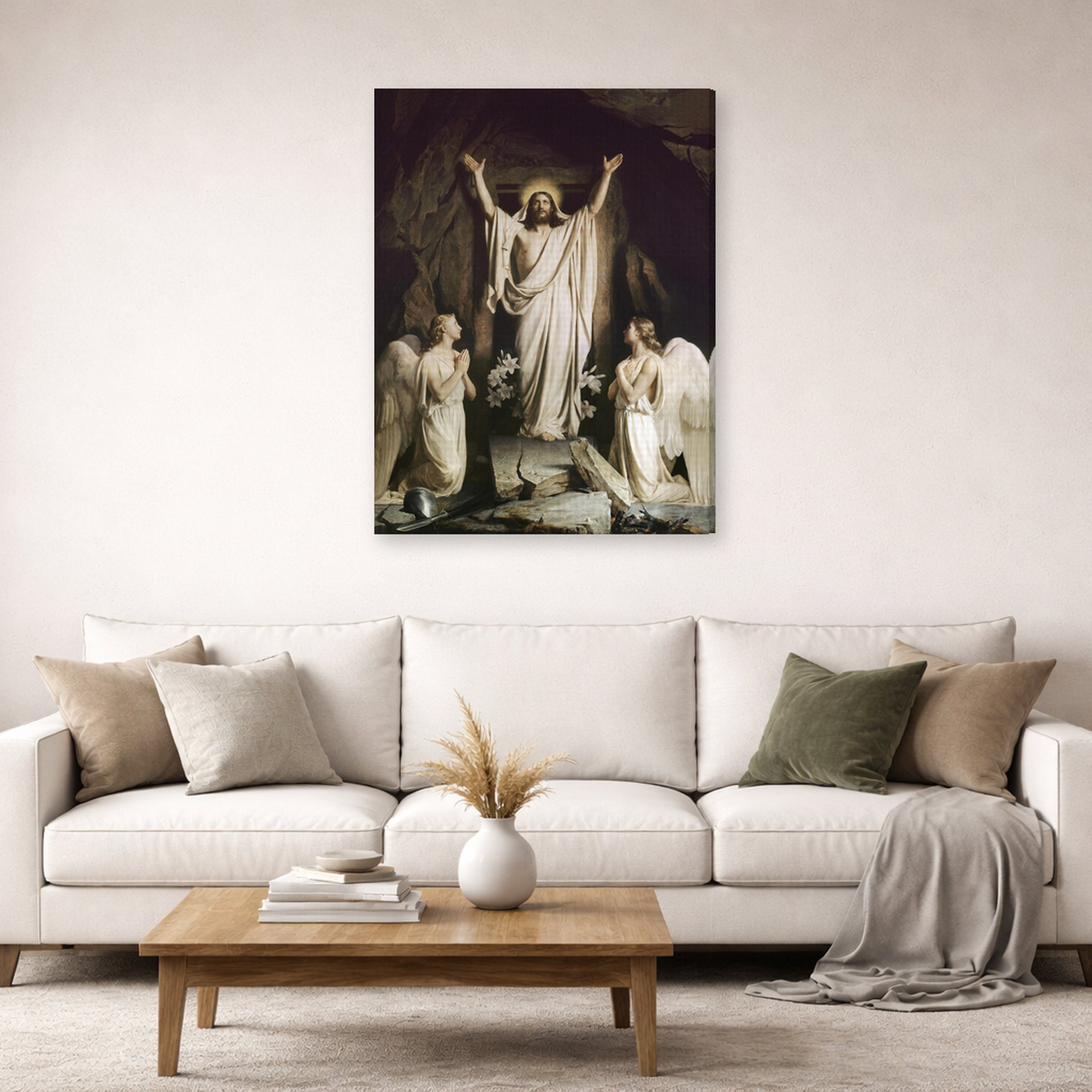 Gallery-wrapped canvas print of Carl Bloch's The Resurrection displayed on a wall in a living room