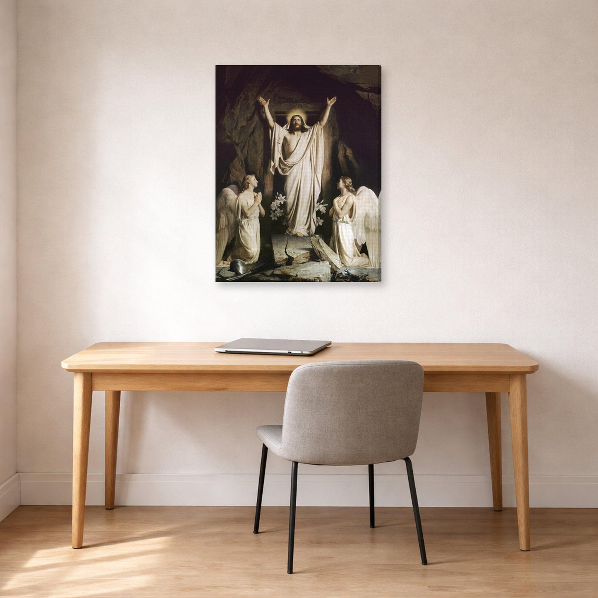 Gallery-wrapped canvas print of Carl Bloch's The Resurrection displayed on a wall in a office