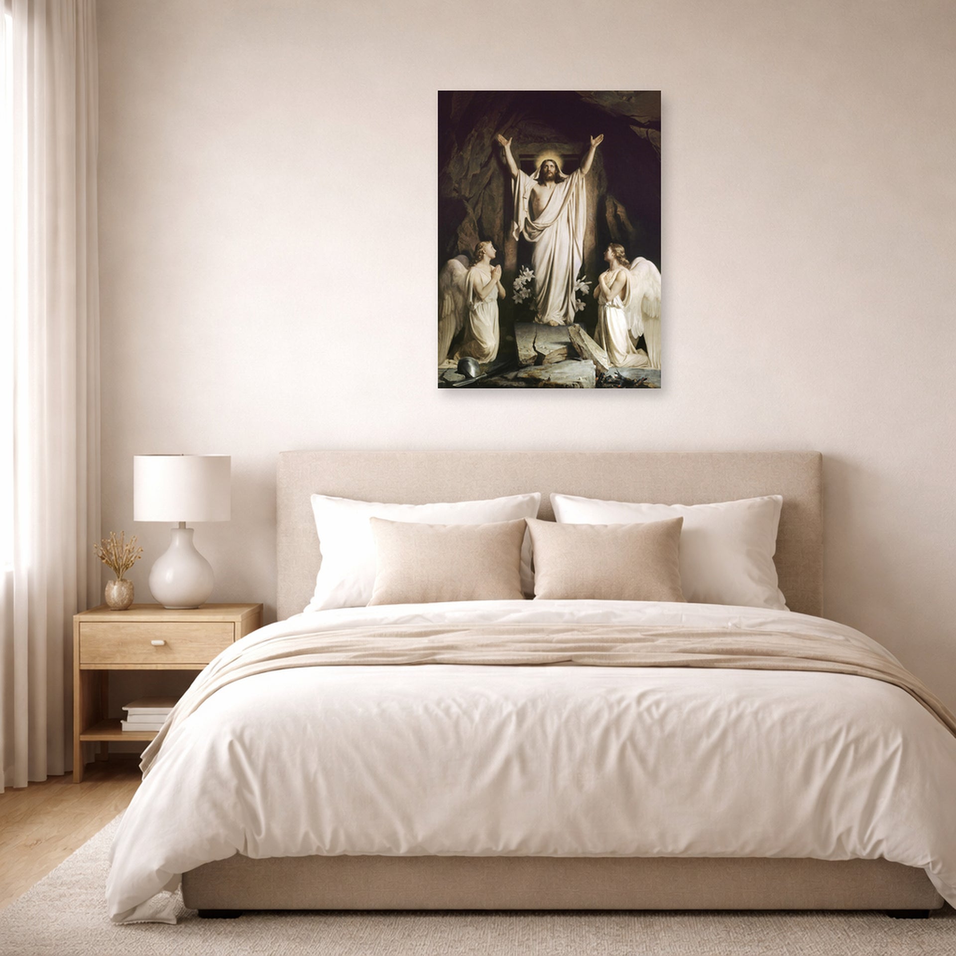 Unframed poster print of Carl Bloch's The Resurrection displayed on a wall in a bedroom