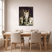 Unframed poster print of Carl Bloch's The Resurrection displayed on a wall in a dining room