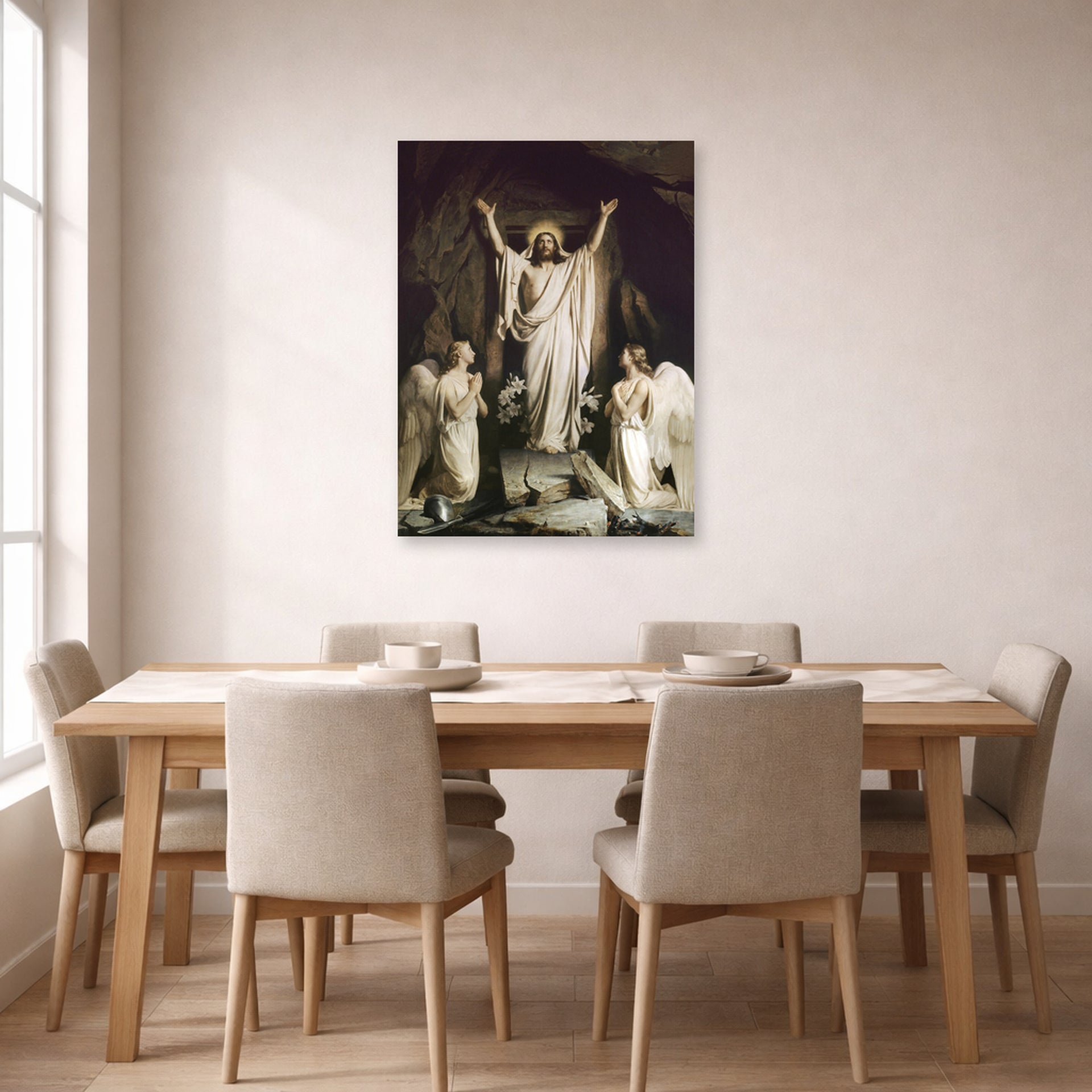 Unframed poster print of Carl Bloch's The Resurrection displayed on a wall in a dining room