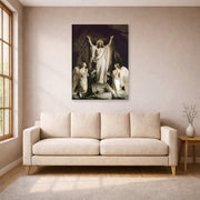Unframed poster print of Carl Bloch's The Resurrection displayed on a wall in a living room