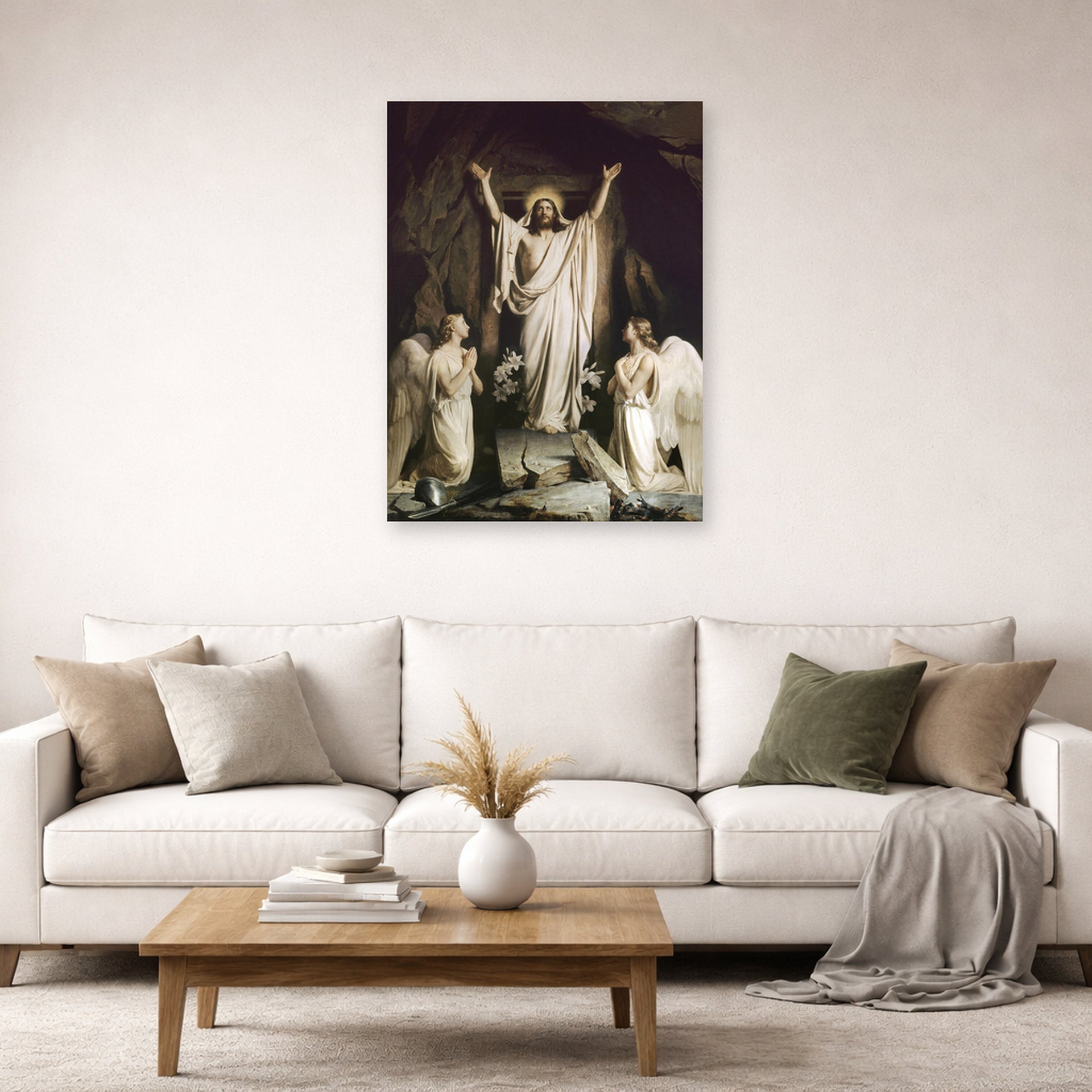 Unframed poster print of Carl Bloch's The Resurrection displayed on a wall in a living room