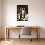 Unframed poster print of Carl Bloch's The Resurrection displayed on a wall in a office