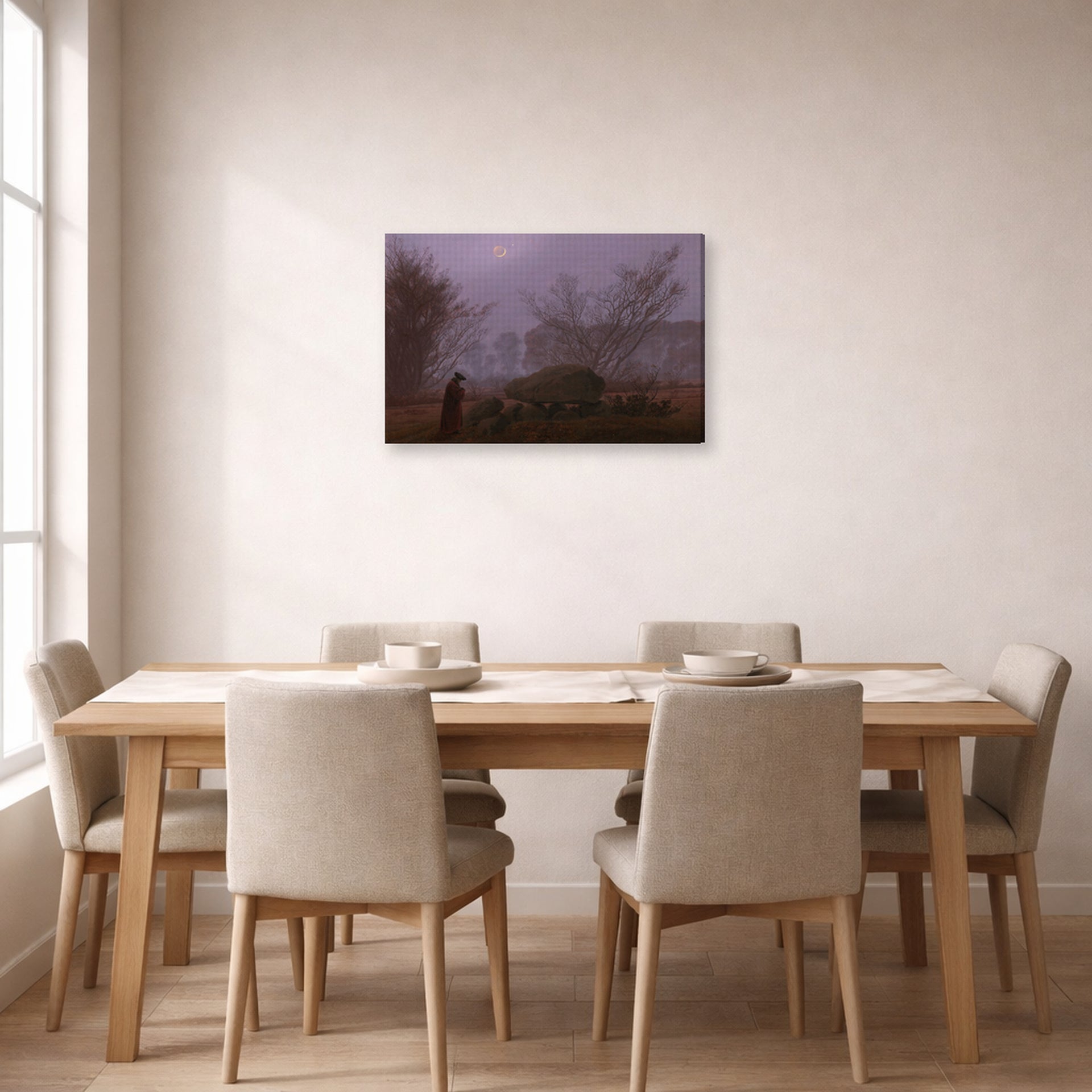 Gallery-wrapped canvas print of Caspar David Friedrich's A Walk at Dusk displayed on a wall in a dining room