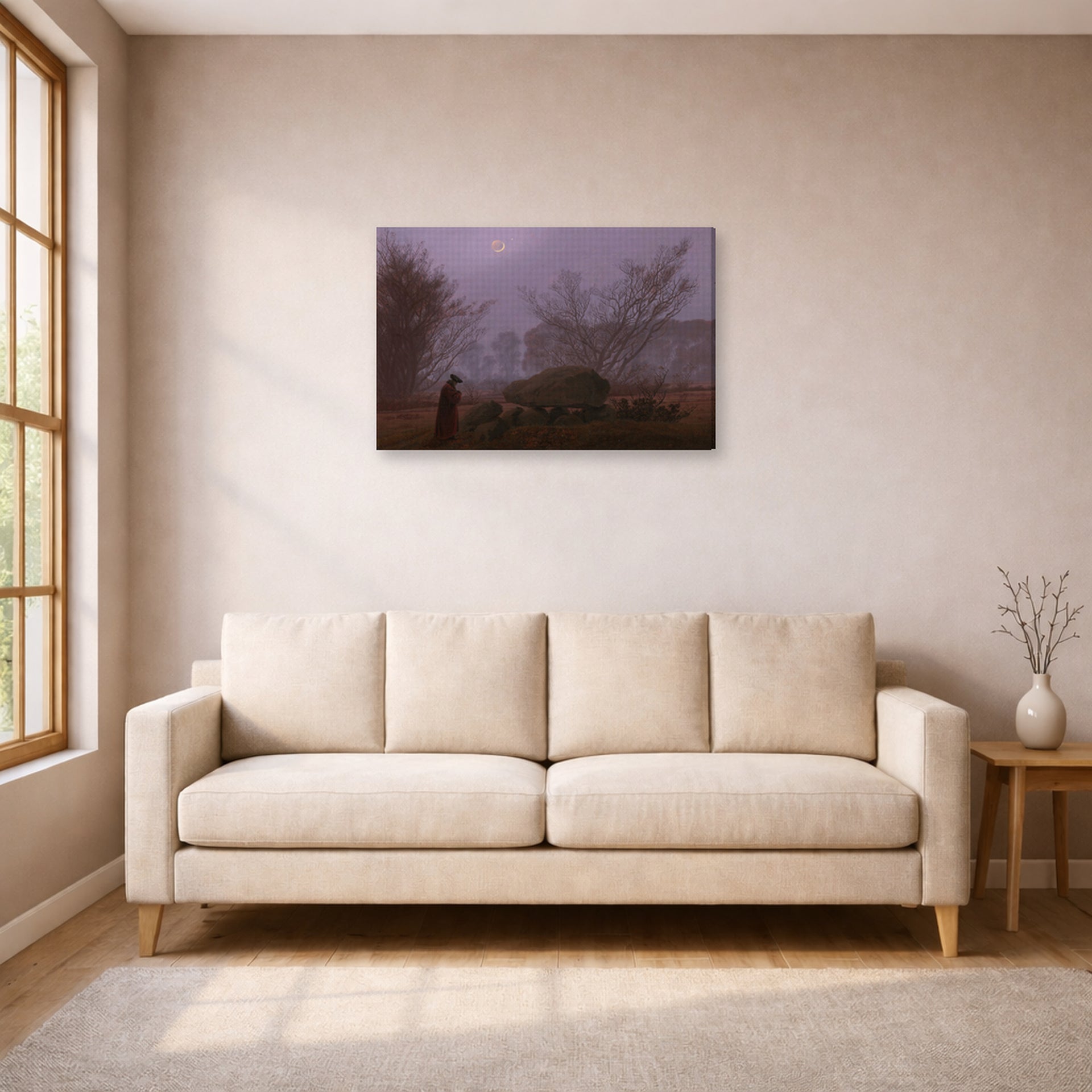 Gallery-wrapped canvas print of Caspar David Friedrich's A Walk at Dusk displayed on a wall in a living room