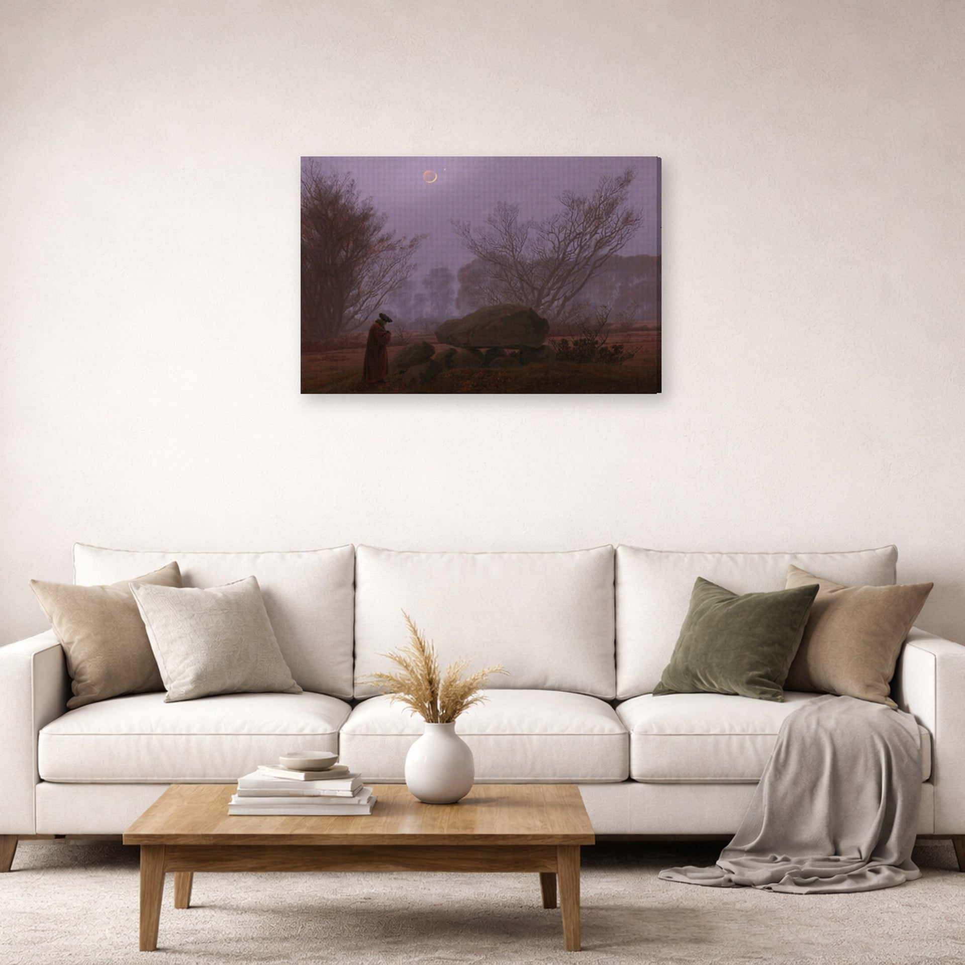 Gallery-wrapped canvas print of Caspar David Friedrich's A Walk at Dusk displayed on a wall in a living room