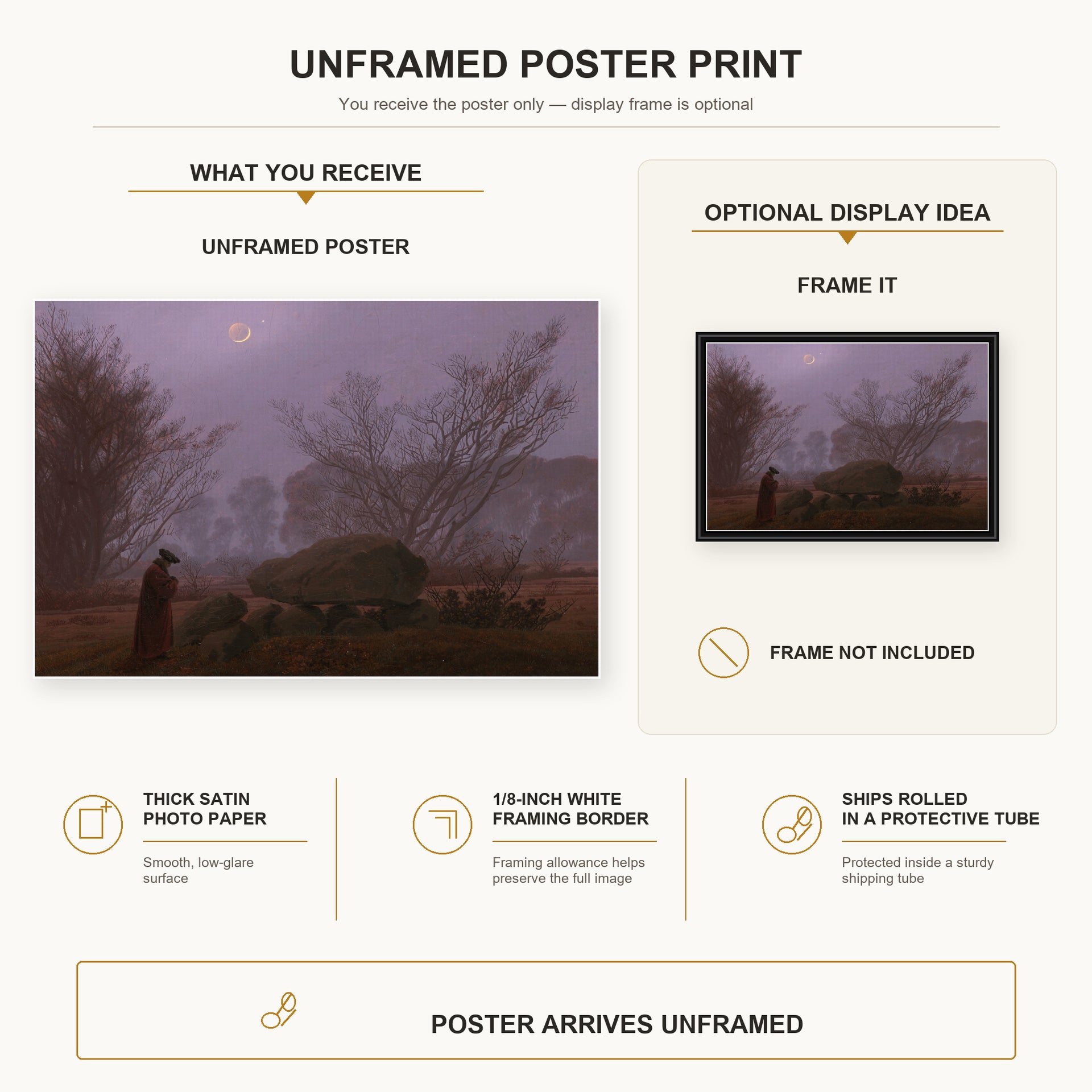 Caspar David Friedrich - A Walk at Dusk poster print size comparison and framing display infographic