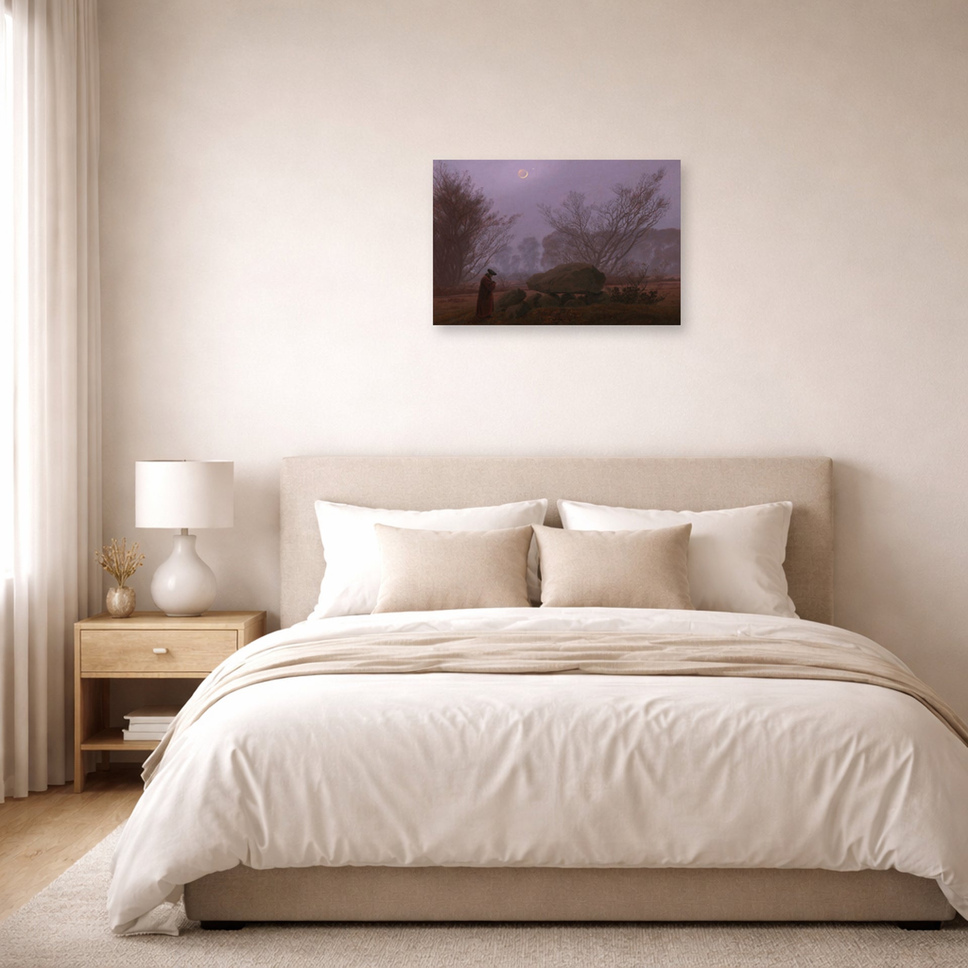 Unframed poster print of Caspar David Friedrich's A Walk at Dusk displayed on a wall in a bedroom