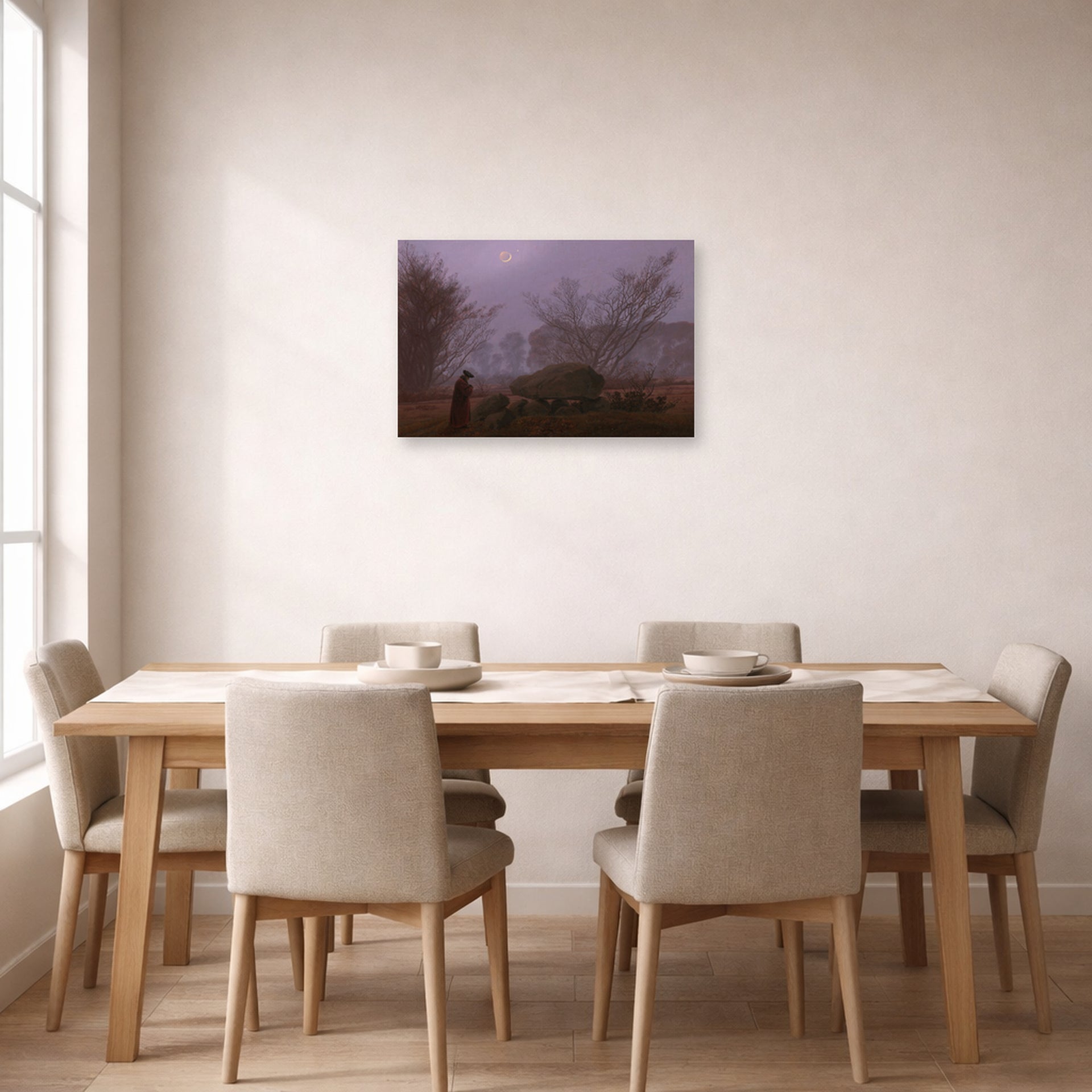 Unframed poster print of Caspar David Friedrich's A Walk at Dusk displayed on a wall in a dining room
