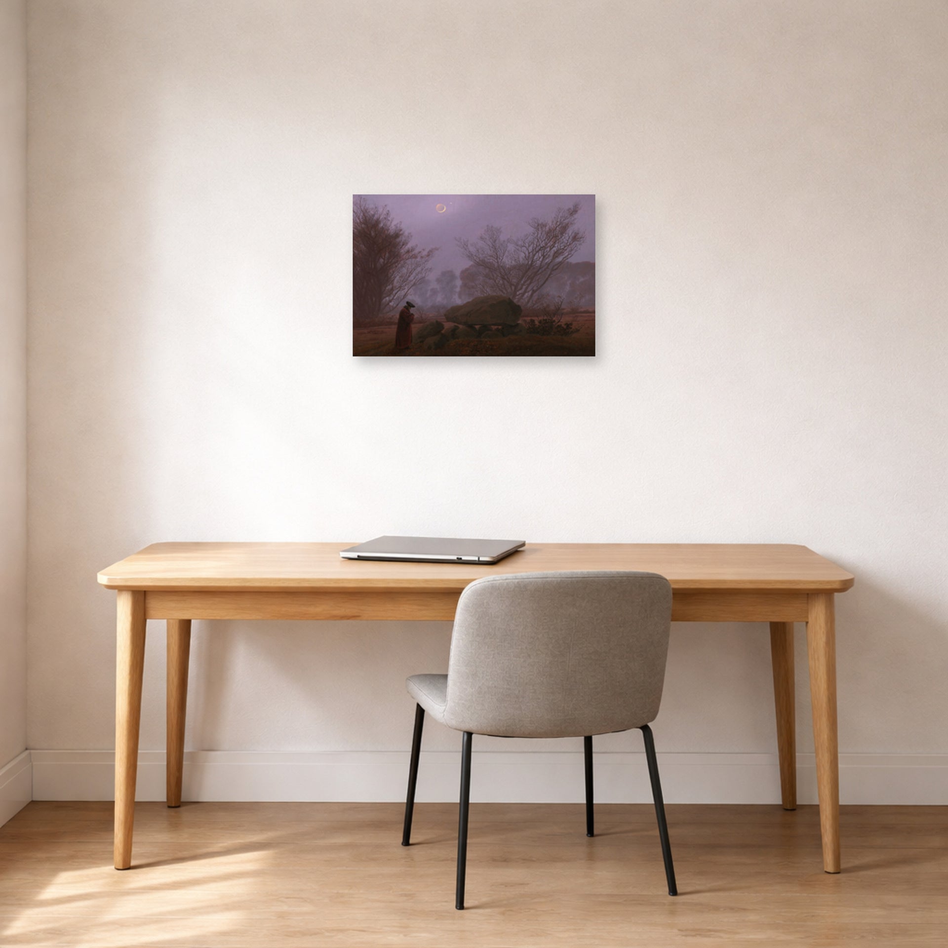 Unframed poster print of Caspar David Friedrich's A Walk at Dusk displayed on a wall in a office