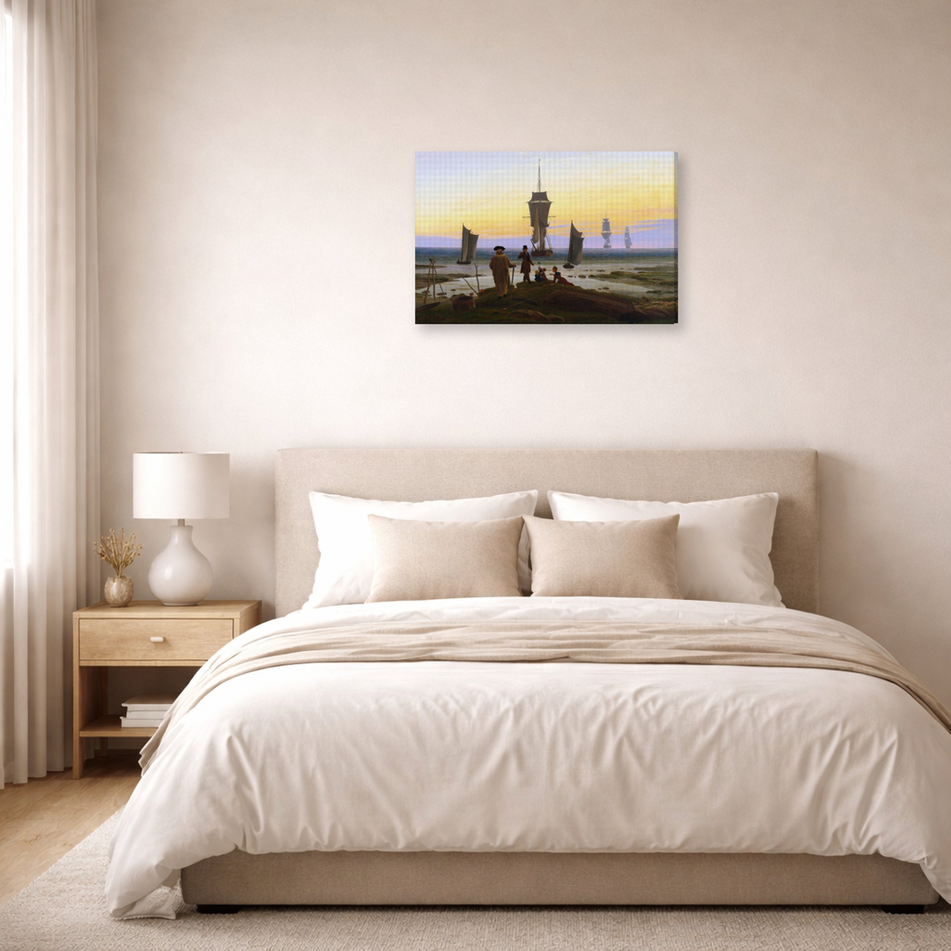 Gallery-wrapped canvas print of Caspar David Friedrich's The Stages of Life displayed on a wall in a bedroom