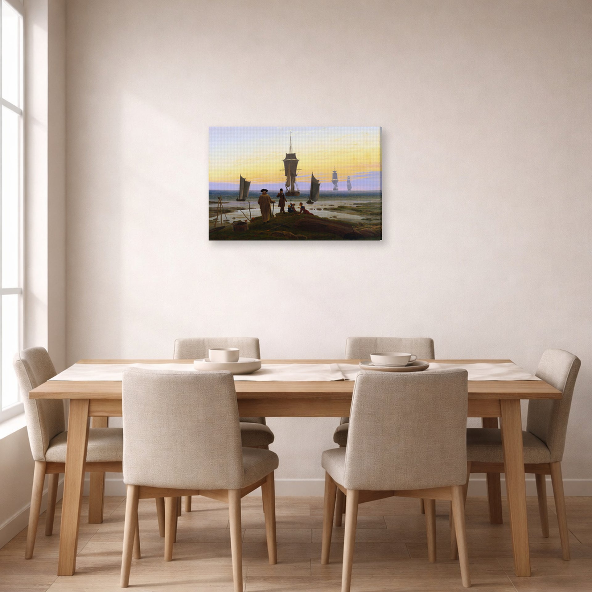 Gallery-wrapped canvas print of Caspar David Friedrich's The Stages of Life displayed on a wall in a dining room