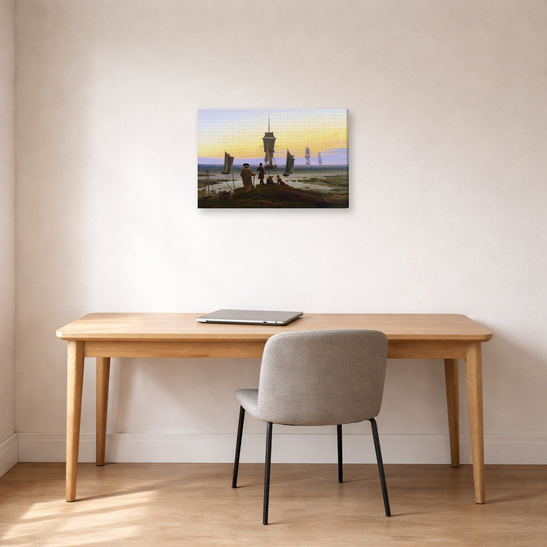 Gallery-wrapped canvas print of Caspar David Friedrich's The Stages of Life displayed on a wall in a office