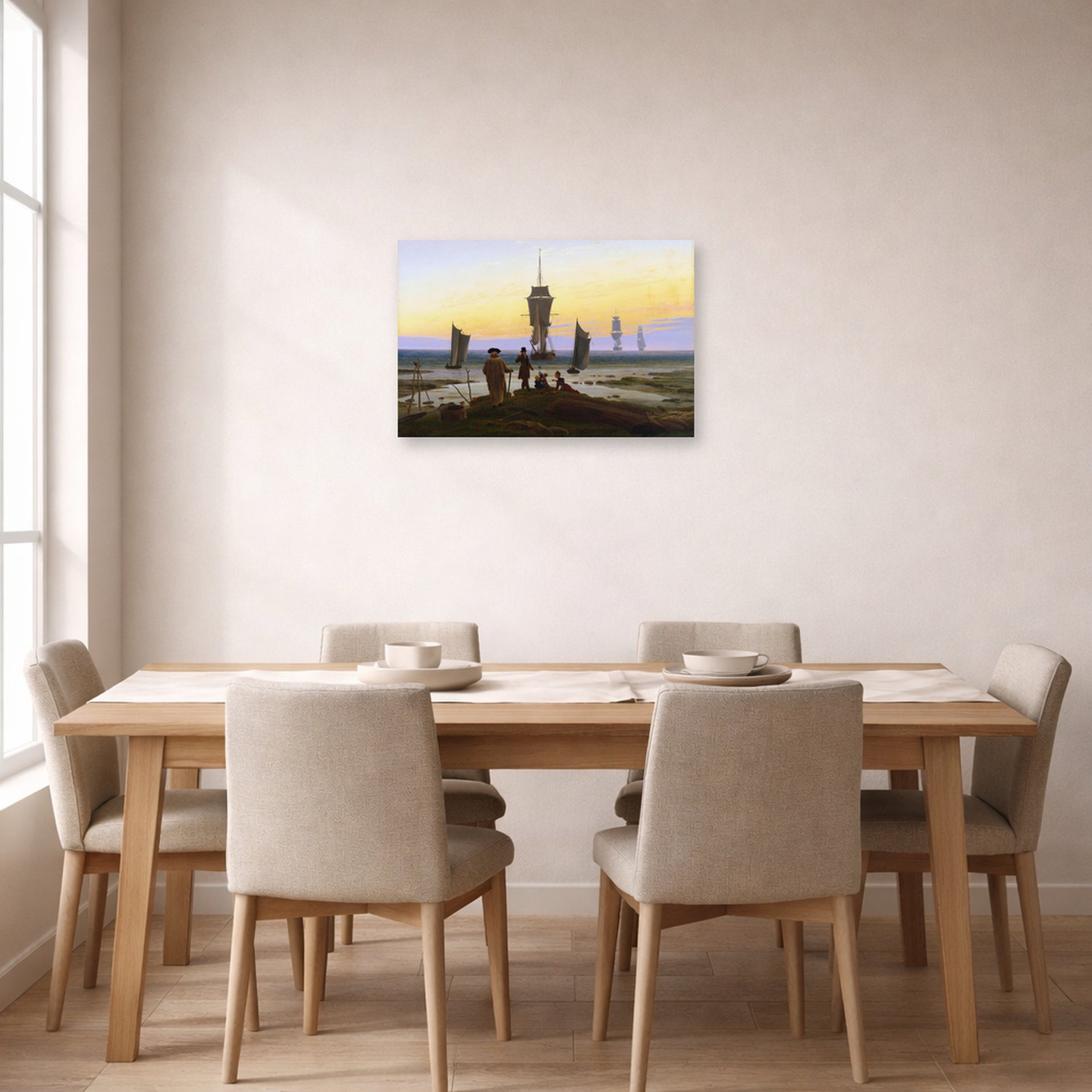 Unframed poster print of Caspar David Friedrich's The Stages of Life displayed on a wall in a dining room