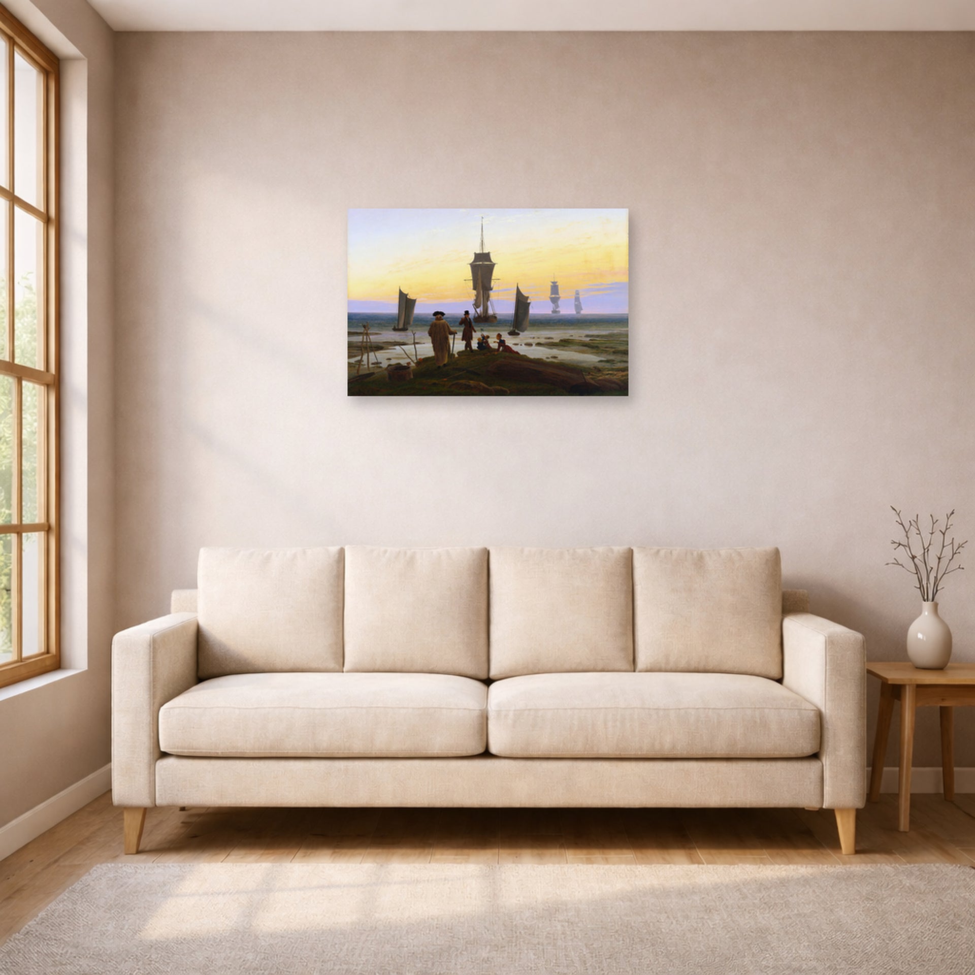 Unframed poster print of Caspar David Friedrich's The Stages of Life displayed on a wall in a living room