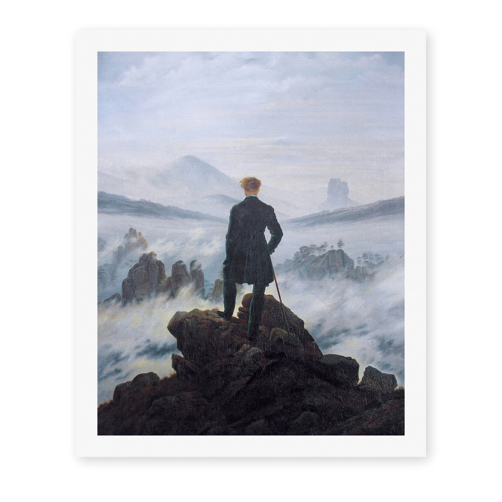 Caspar David Friedrich's 'The Wanderer above the Sea of Fog' painting reproduced as a rolled canvas print, an 1818 painting that became the defining image of German Romanticism