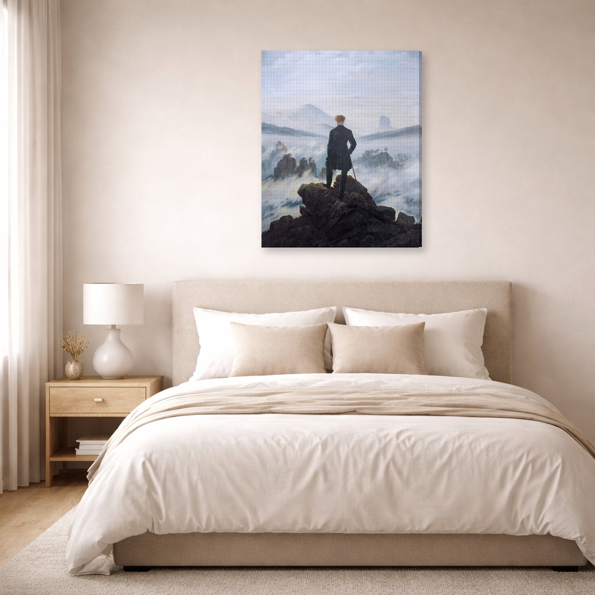 Gallery-wrapped canvas print of Caspar David Friedrich's The Wanderer above the Sea of Fog displayed on a wall in a bedroom