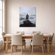 Gallery-wrapped canvas print of Caspar David Friedrich's The Wanderer above the Sea of Fog displayed on a wall in a dining room