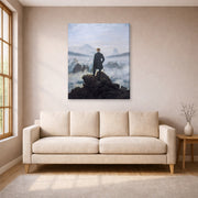 Gallery-wrapped canvas print of Caspar David Friedrich's The Wanderer above the Sea of Fog displayed on a wall in a living room