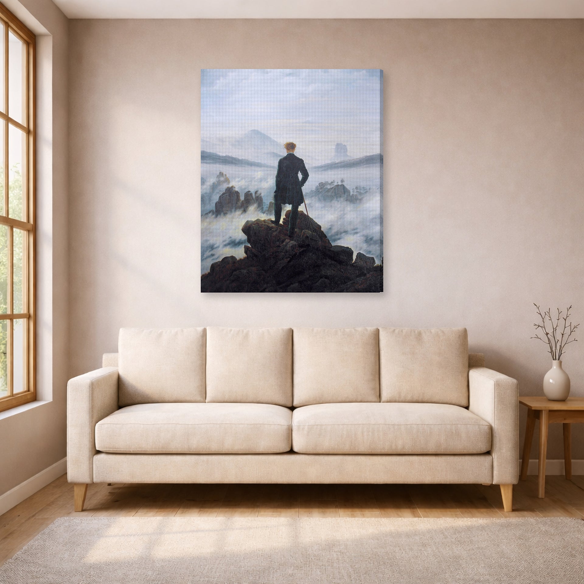 Gallery-wrapped canvas print of Caspar David Friedrich's The Wanderer above the Sea of Fog displayed on a wall in a living room