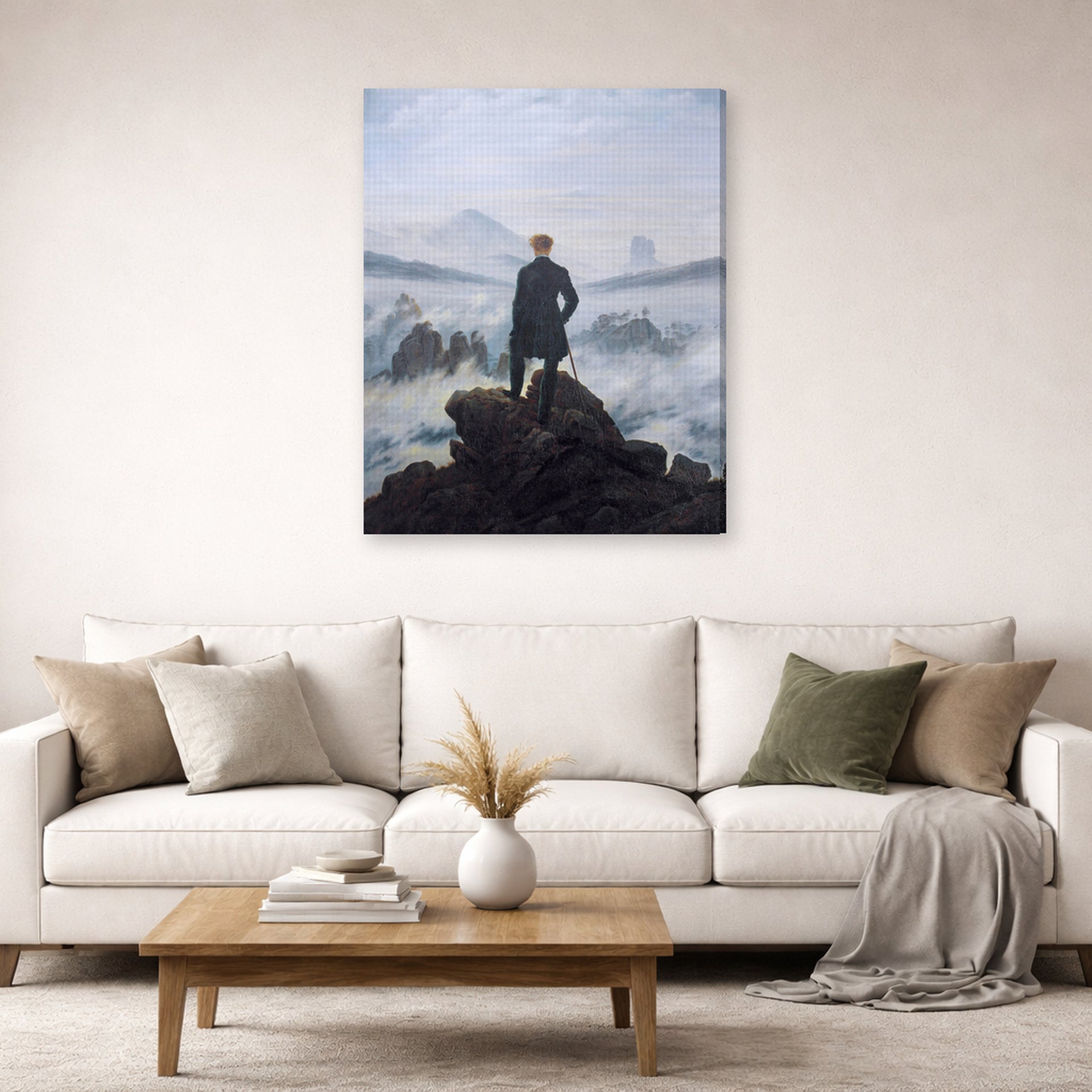 Gallery-wrapped canvas print of Caspar David Friedrich's The Wanderer above the Sea of Fog displayed on a wall in a living room