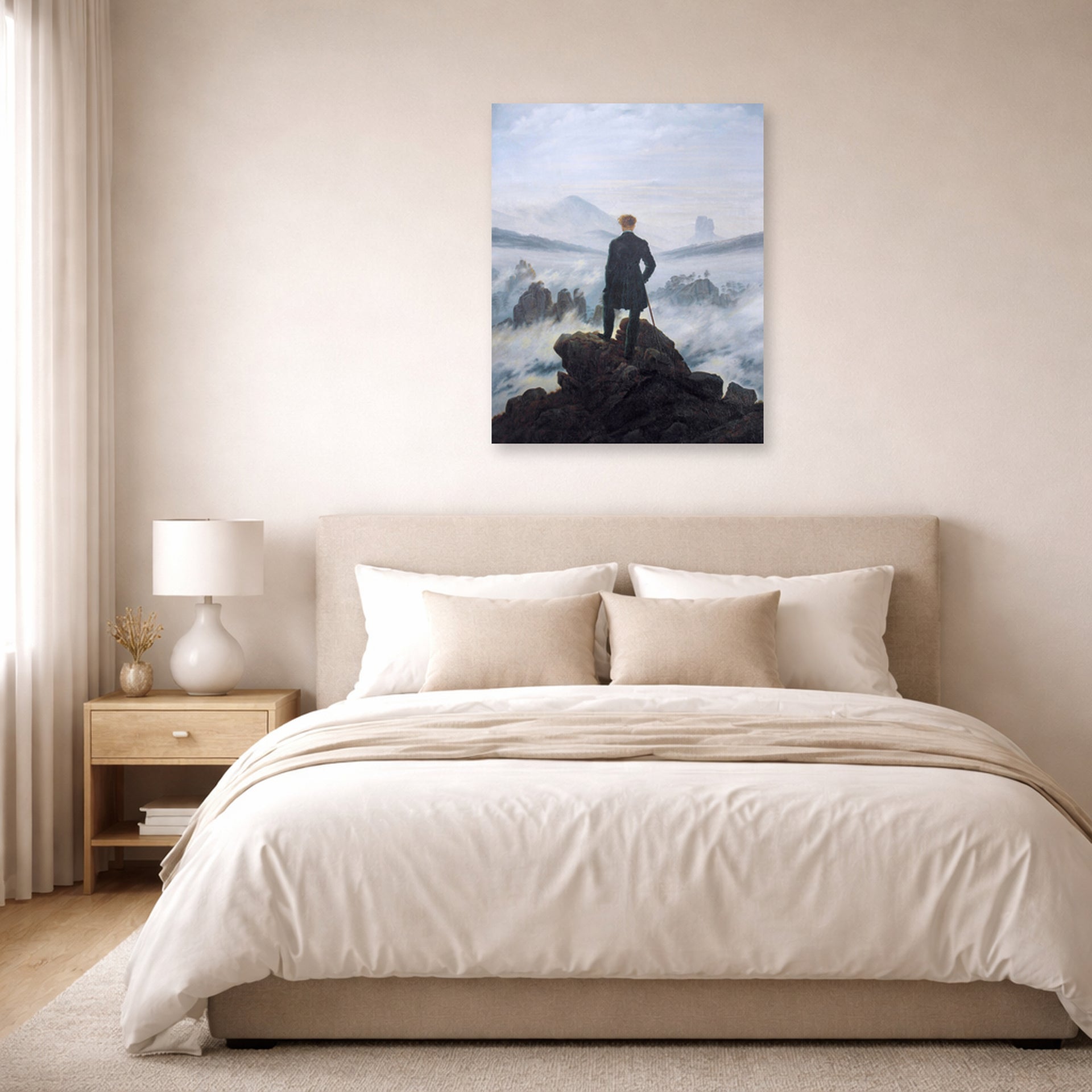 Unframed poster print of Caspar David Friedrich's The Wanderer above the Sea of Fog displayed on a wall in a bedroom