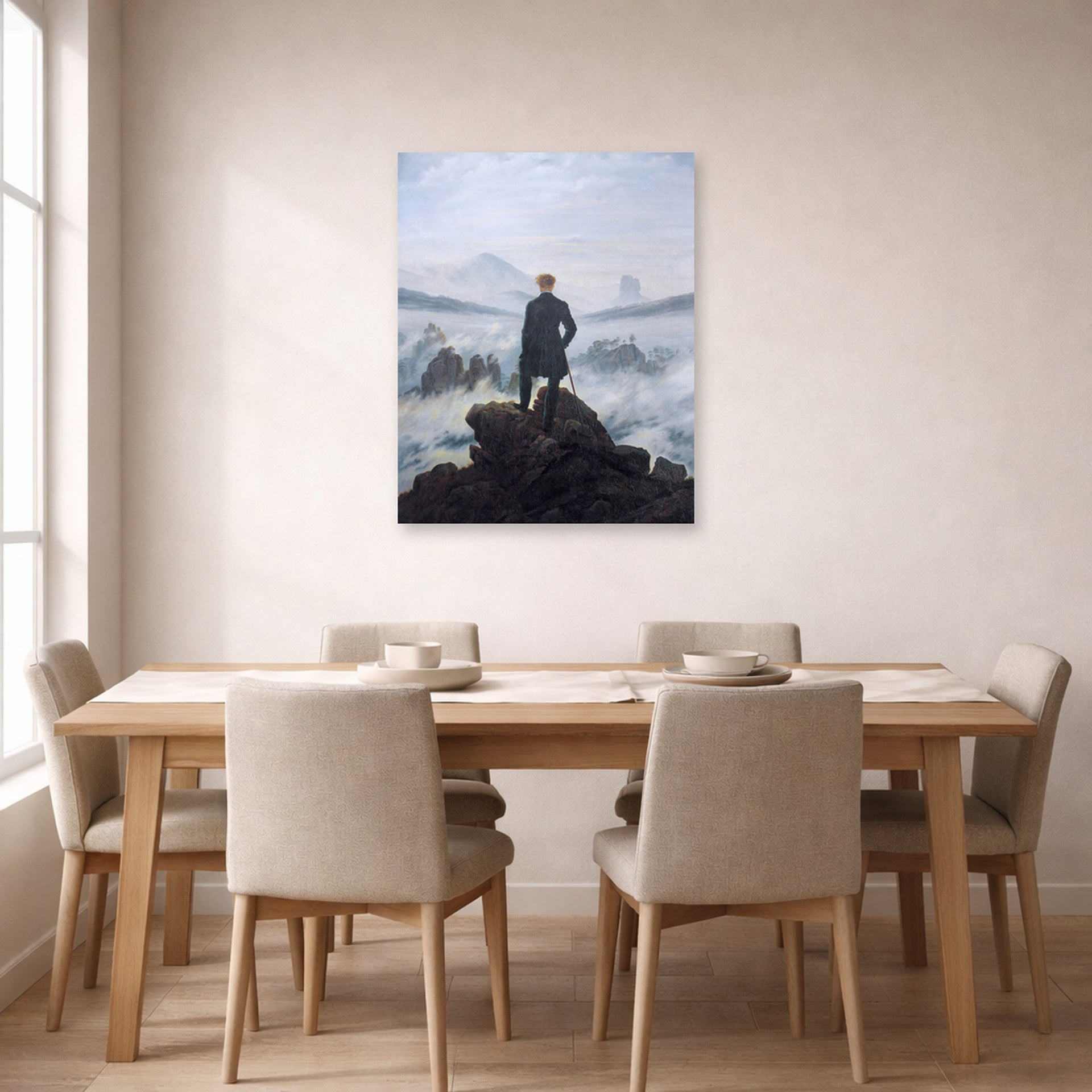 Unframed poster print of Caspar David Friedrich's The Wanderer above the Sea of Fog displayed on a wall in a dining room