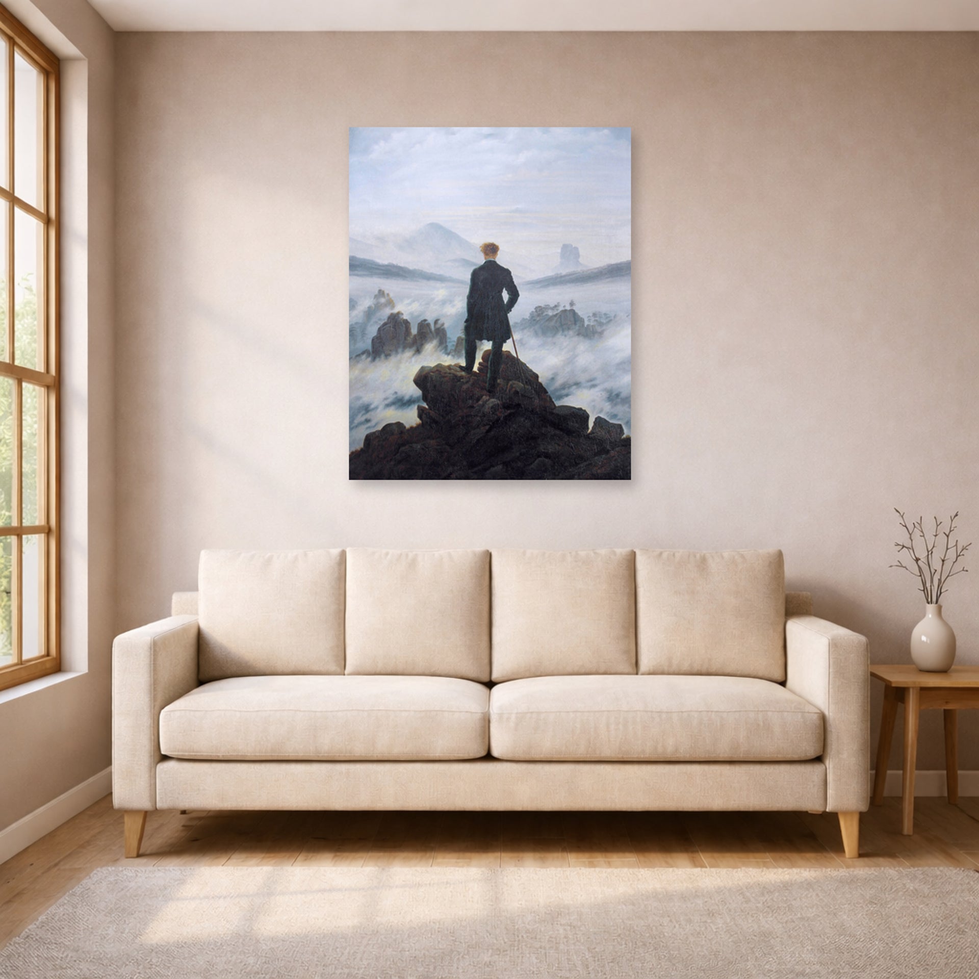Unframed poster print of Caspar David Friedrich's The Wanderer above the Sea of Fog displayed on a wall in a living room